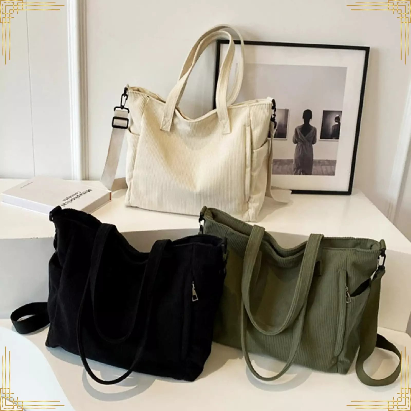 Wholesale Custom Women Tote Bag Corduroy Causal Large Capacity Shopping Bag Handbag With Pocket