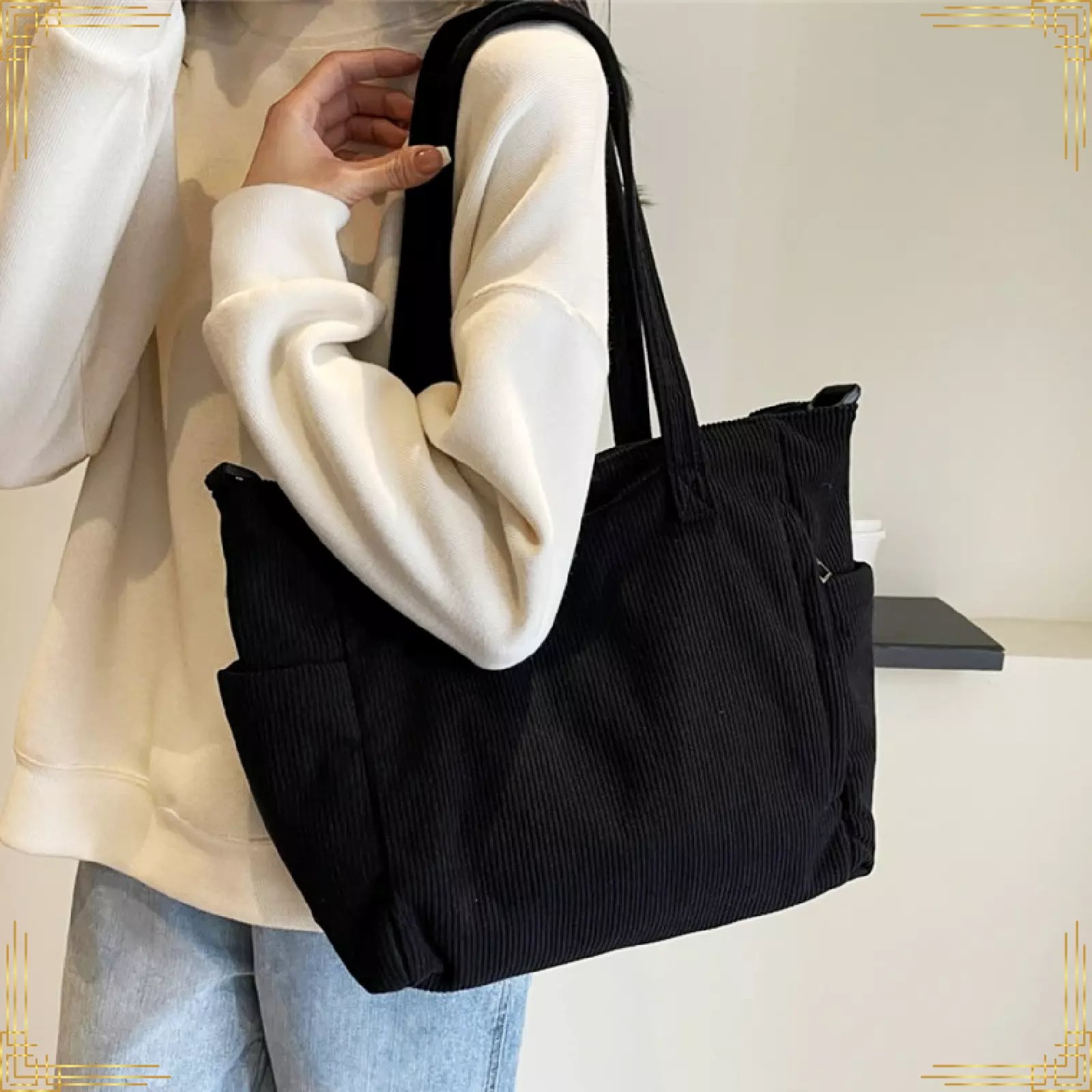 Wholesale Custom Women Tote Bag Corduroy Causal Large Capacity Shopping Bag Handbag With Pocket