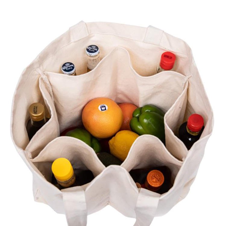 Custom Eco-friendly Reusable Grocery Shopping Bags Organic Cotton Wine Canvas Tote Bags with Compartments