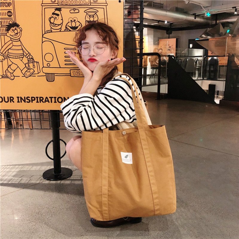 Custom Logo Simple Canvas Tote Bag Large Capacity Shopping Cotton Bag Girl Schoolbag