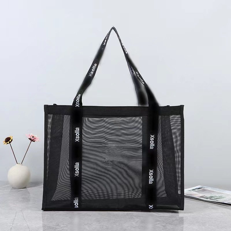 Custom Logo Net Fruit Carrying Grocery Tote Shoulder Nylon Mesh Shopping Bag with Letter Handle