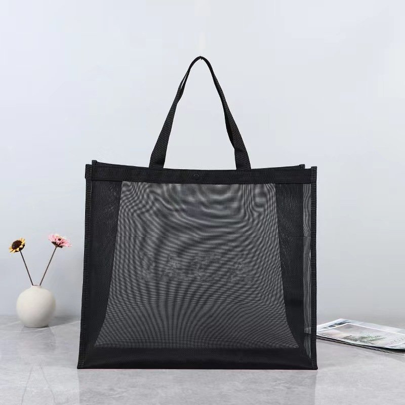 Custom Logo Net Fruit Carrying Grocery Tote Shoulder Nylon Mesh Shopping Bag with Letter Handle