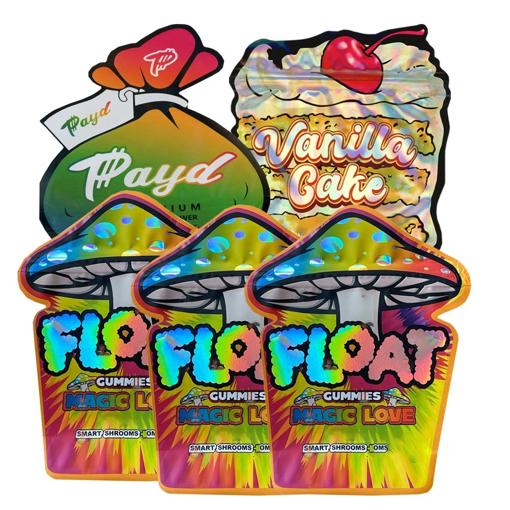 3.5 mylar bags custom printed shaped mylar bag pouch smell proof holographic edible mylar bags 7g 14g 28g 1LB