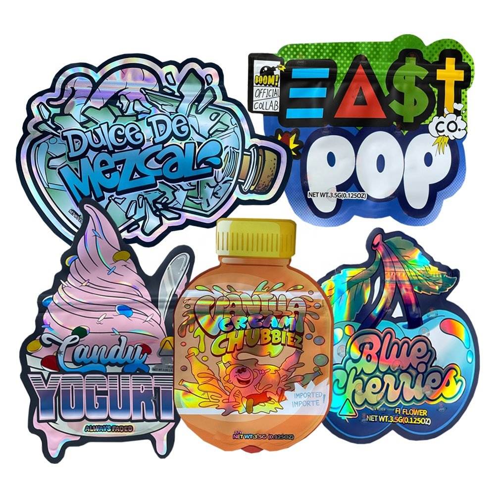 3.5 mylar bags custom printed shaped mylar bag pouch smell proof holographic edible mylar bags 7g 14g 28g 1LB