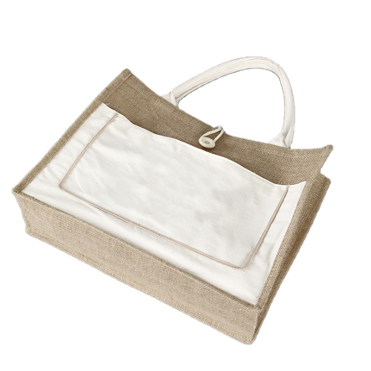 Wholesale Jute Tote Bag Custom Logo Reusable Grocery Gift HandBag Eco Friendly Recycle Jute Shopping Bags With Front Pocket