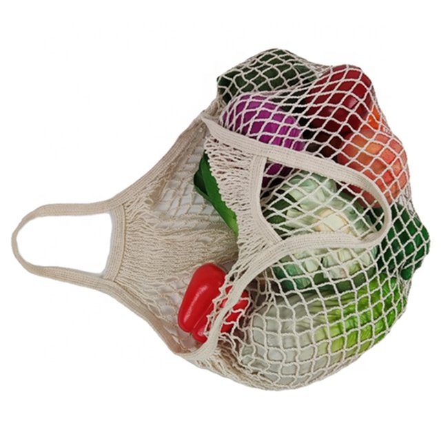 Wholesale Custom Reusable Fruit Vegetable Grocery Produce Tote Cotton String Mesh Net Shopping Bag With Long Handle