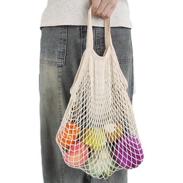Wholesale Custom Reusable Fruit Vegetable Grocery Produce Tote Cotton String Mesh Net Shopping Bag With Long Handle