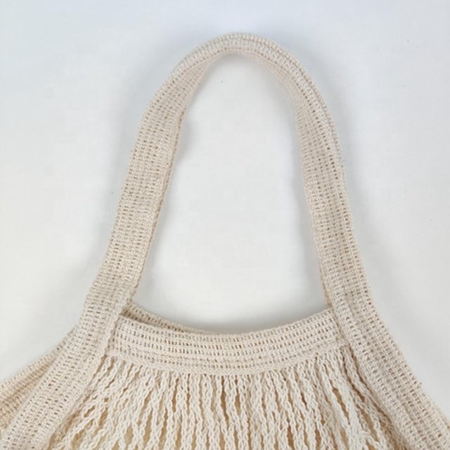 Wholesale Custom Reusable Fruit Vegetable Grocery Produce Tote Cotton String Mesh Net Shopping Bag With Long Handle
