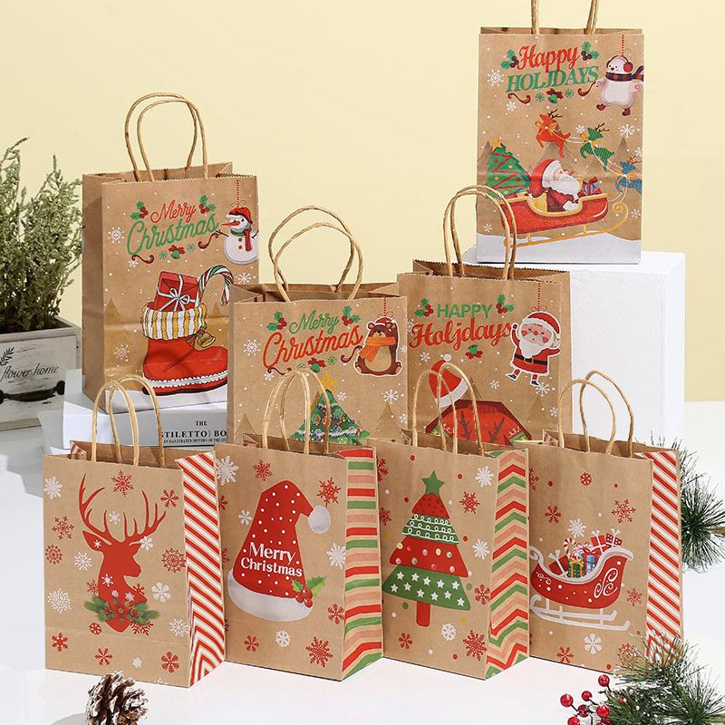 Christmas Red Brown Bolsas De Papel Custom Logo Printing Gift Candy Handle Shopping Kraft Paper Bags for Packaging