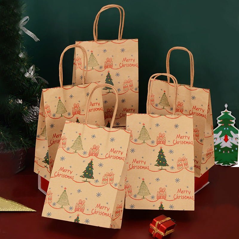Christmas Red Brown Bolsas De Papel Custom Logo Printing Gift Candy Handle Shopping Kraft Paper Bags for Packaging