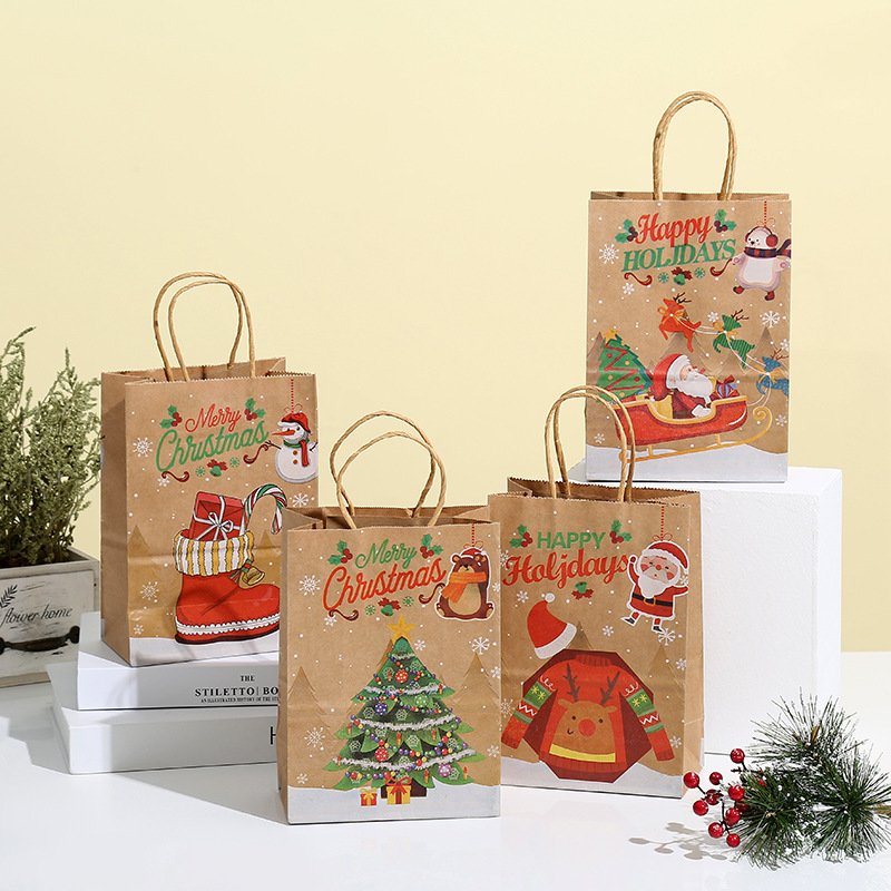 Christmas Red Brown Bolsas De Papel Custom Logo Printing Gift Candy Handle Shopping Kraft Paper Bags for Packaging