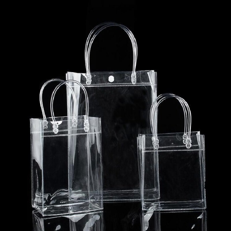 Clear PVC plastic shopping bag with snap button transparent handle bags