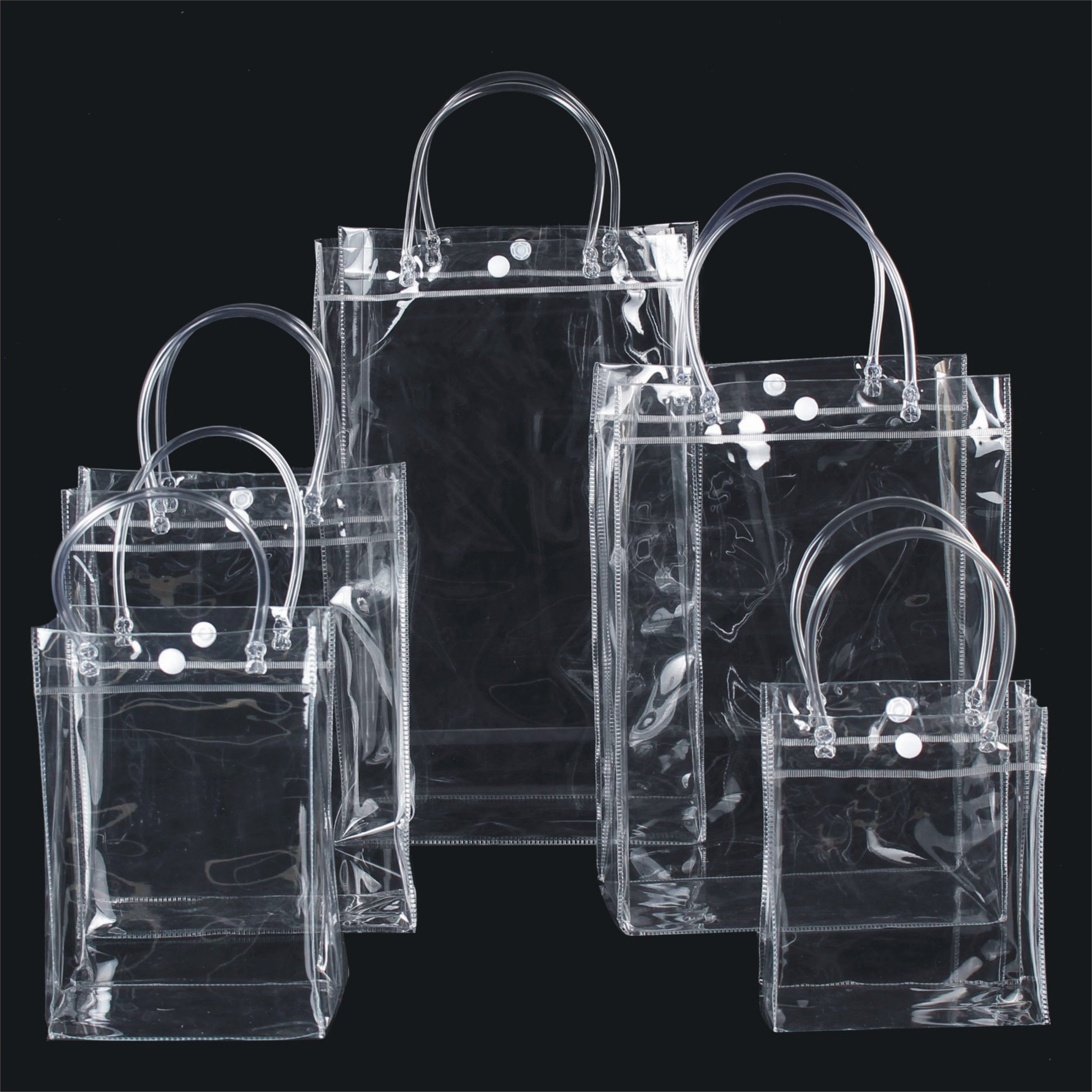 Clear PVC plastic shopping bag with snap button transparent handle bags