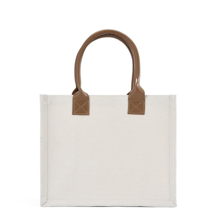 Custom Logo Shopping Bag with PU Handle Canvas Grocery Gifts Bag Large Capacity Bag