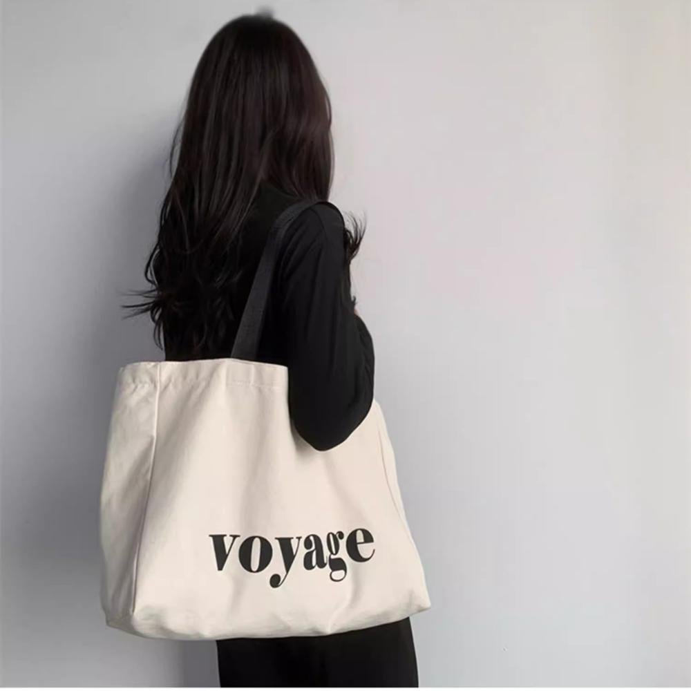 Promotional Customize Natural Cotton Canvas Woman Letters Tote Casual Shopping Bag New Design Trendy for Women