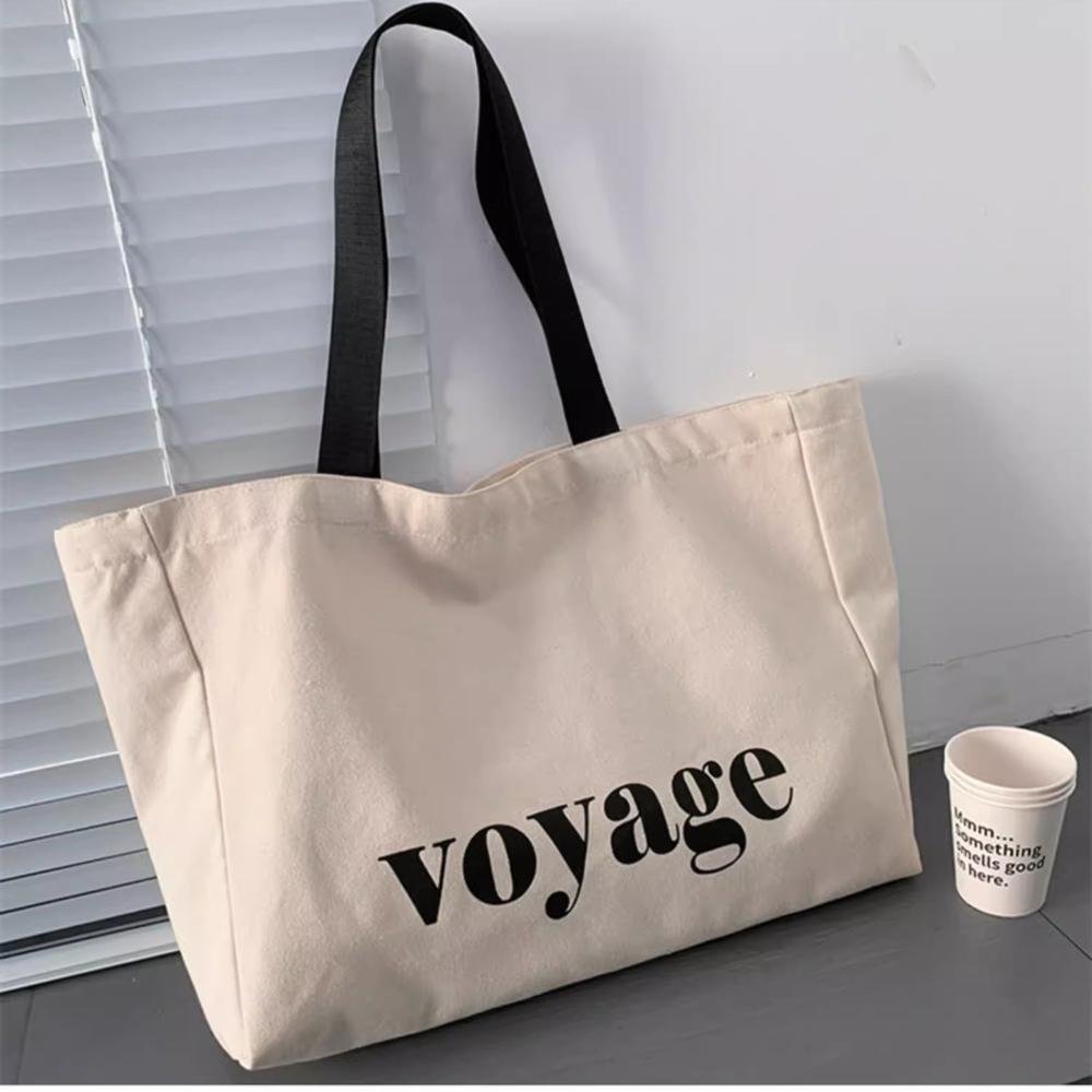 Promotional Customize Natural Cotton Canvas Woman Letters Tote Casual Shopping Bag New Design Trendy for Women