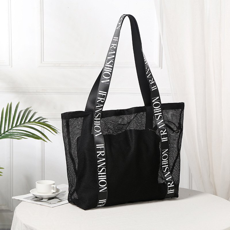 Custom Logo Printed Handle Black Mesh Shopping Bag for Clothing Net Nylon Tote Bag Large Capacity Grocery Beach Bag