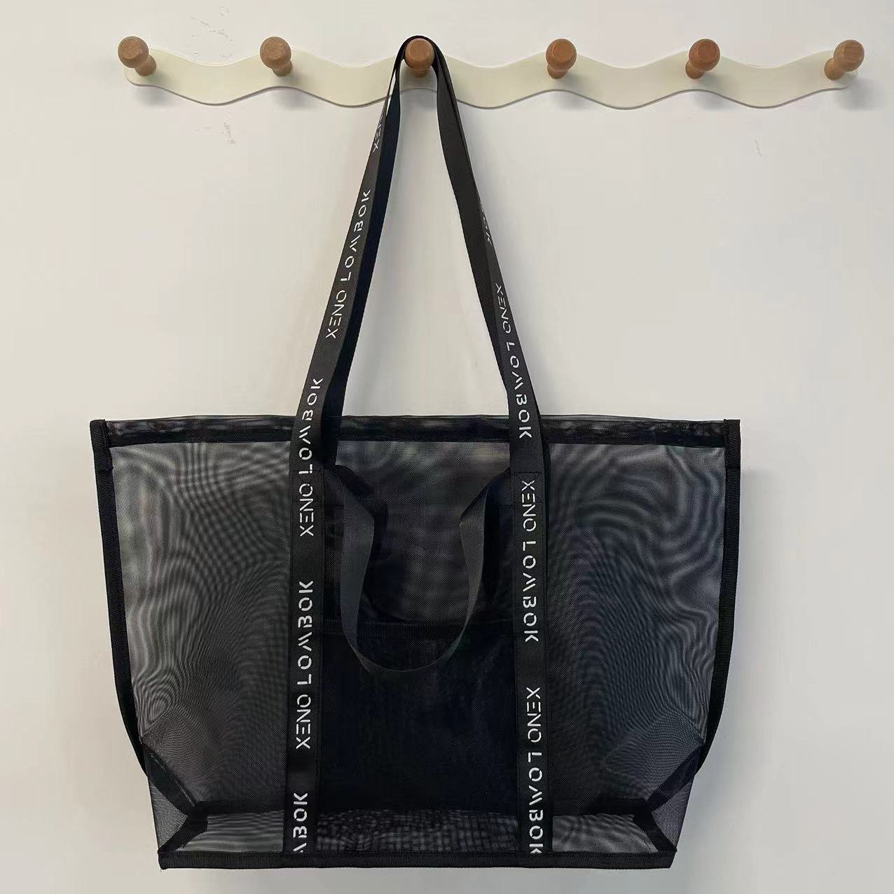 Custom Logo Printed Handle Black Mesh Shopping Bag for Clothing Net Nylon Tote Bag Large Capacity Grocery Beach Bag