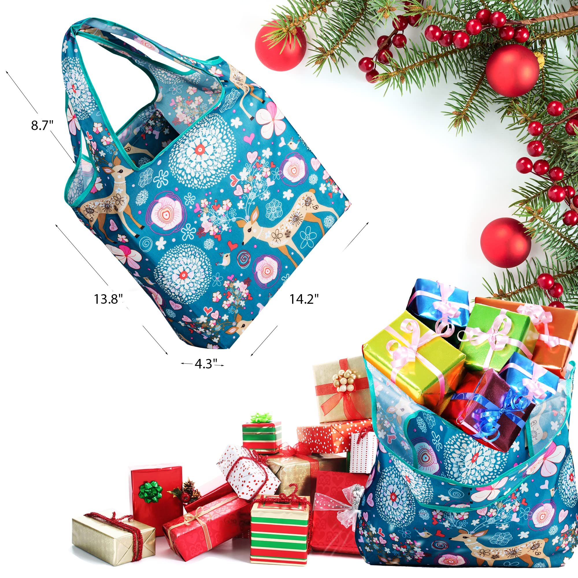 Foldable Nylon Christmas Tote Bag with Customized Patterns Eco-friendly Waterproof Reusable Gift Bag with Large Capacity