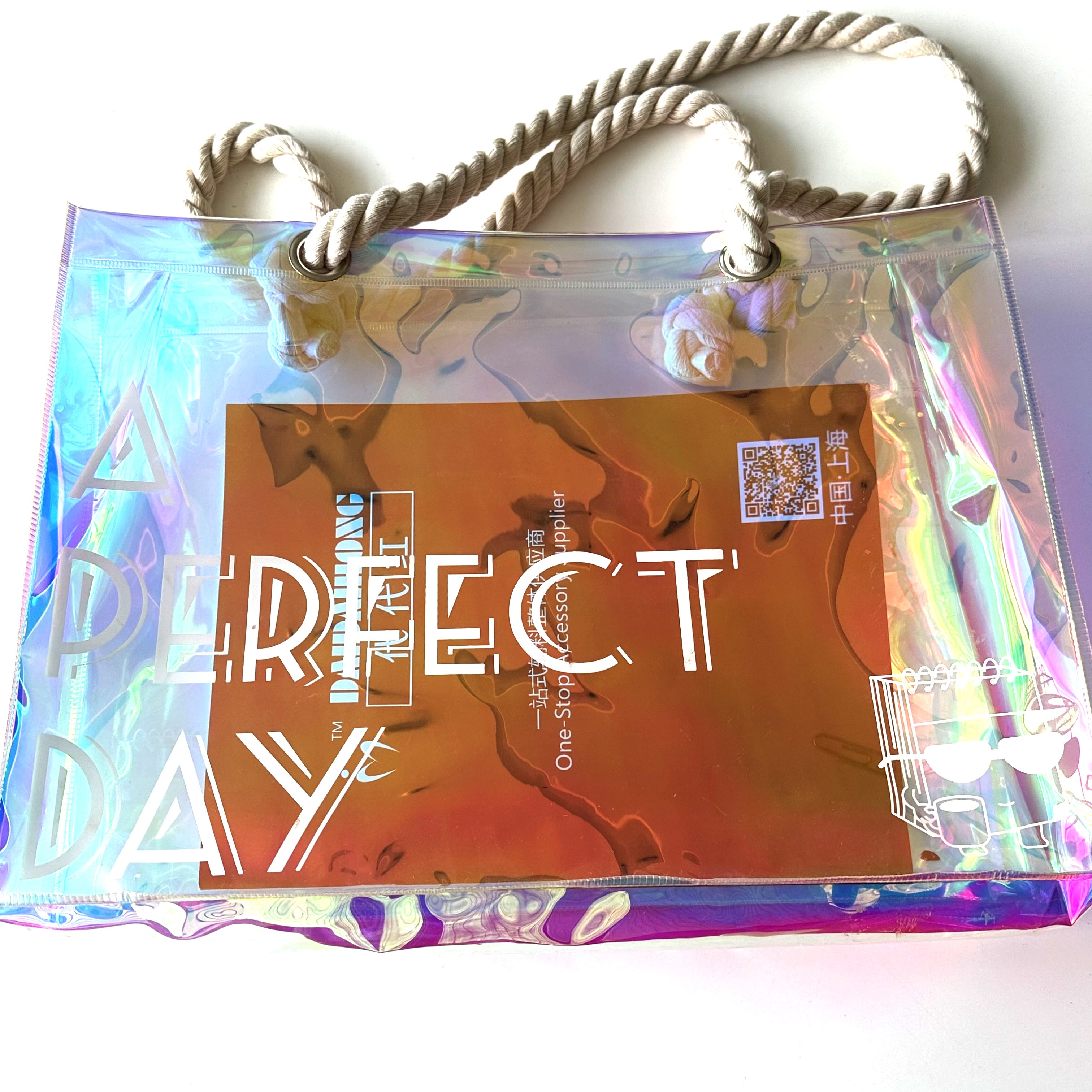 Custom Digital Printing Trendy Transparent PVC Shoulder Handbag Durable Washable Holographic Women's tote Shopping bag