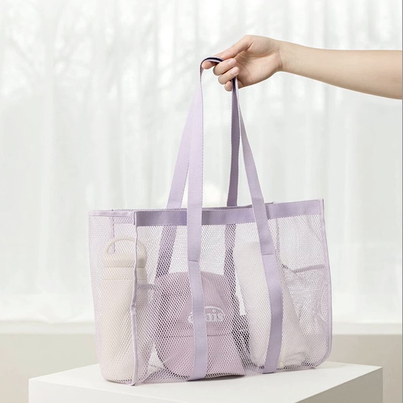 Custom Logo Beige Mesh Shopping Bag for Swimming Net Tote Bag Large Capacity Grocery Beach Bag