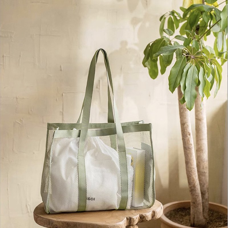 Custom Logo Beige Mesh Shopping Bag for Swimming Net Tote Bag Large Capacity Grocery Beach Bag