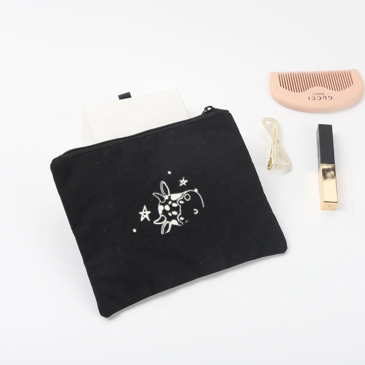 Recyclable Custom Logo Cotton Canvas Zipper Portable Lipstick Cosmetic Bags Canvas Makeup Cosmetic Pouch