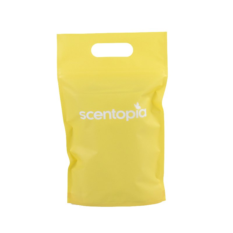Customized Clothing Packaging Die Cut Loop Handle Ziplock Shopping Bag With Standing Bottom