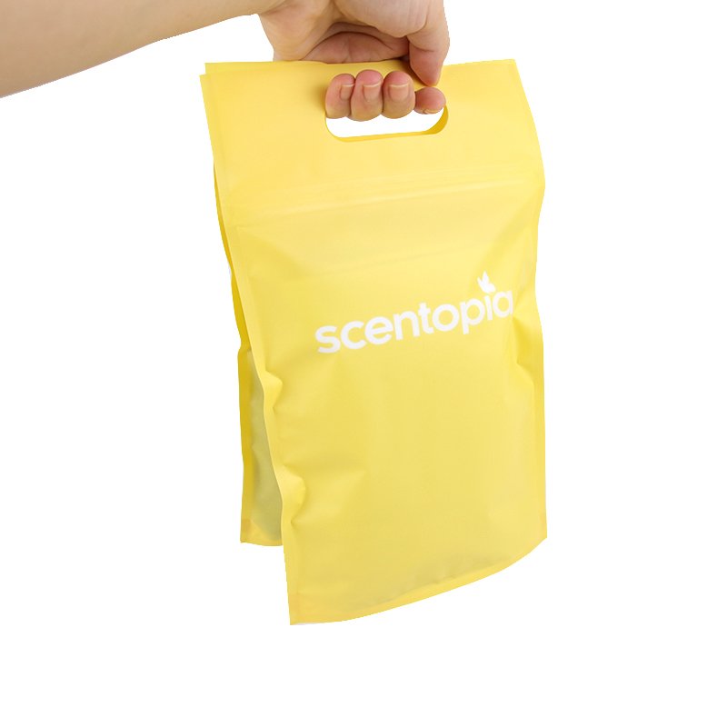 Customized Clothing Packaging Die Cut Loop Handle Ziplock Shopping Bag With Standing Bottom