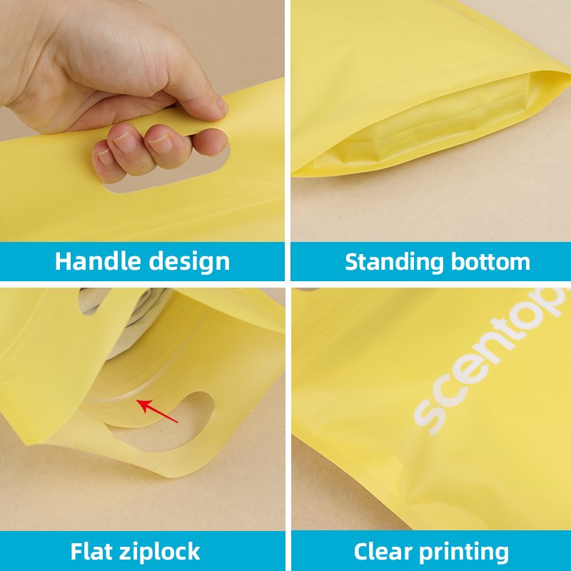 Customized Clothing Packaging Die Cut Loop Handle Ziplock Shopping Bag With Standing Bottom