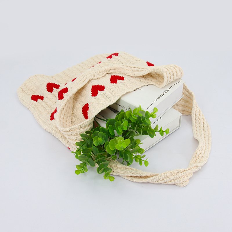 Custom Countryside Pastoral Style Thick Fly Knitted Shopping Bag, Cream White Crochet Tote Bag