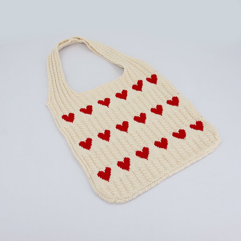 Custom Countryside Pastoral Style Thick Fly Knitted Shopping Bag, Cream White Crochet Tote Bag