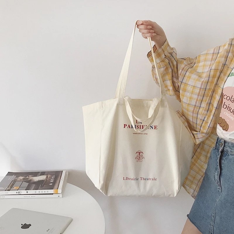 Women Canvas Shopping Bags Parisian Extra Large Reusable Grocery Bag Eco Friendly Cloth Shoulder Bags Handbag Tote For Ladies