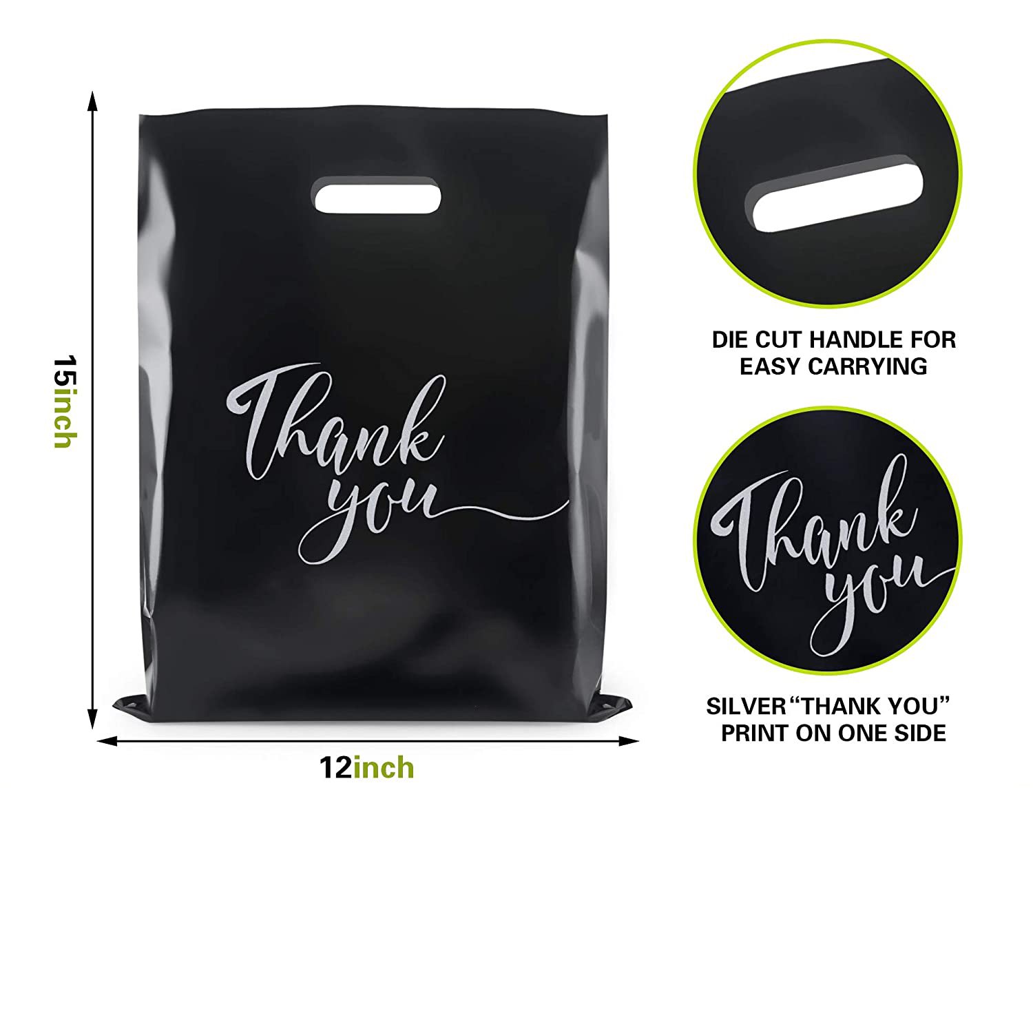 Reusable Thank You Merchandise Bags Die Cut Handles 2.36 Mil Gift 12x15" Plastic Shopping Bags