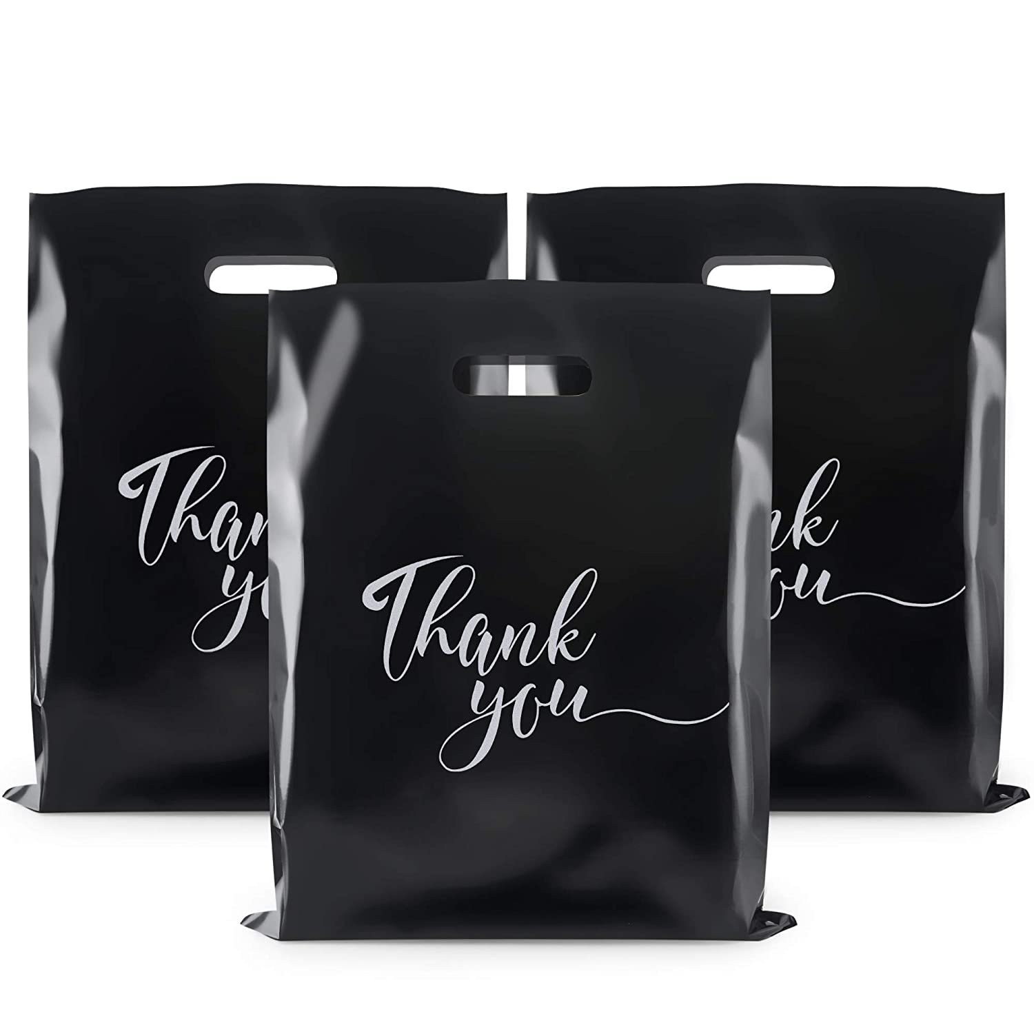 Reusable Thank You Merchandise Bags Die Cut Handles 2.36 Mil Gift 12x15" Plastic Shopping Bags