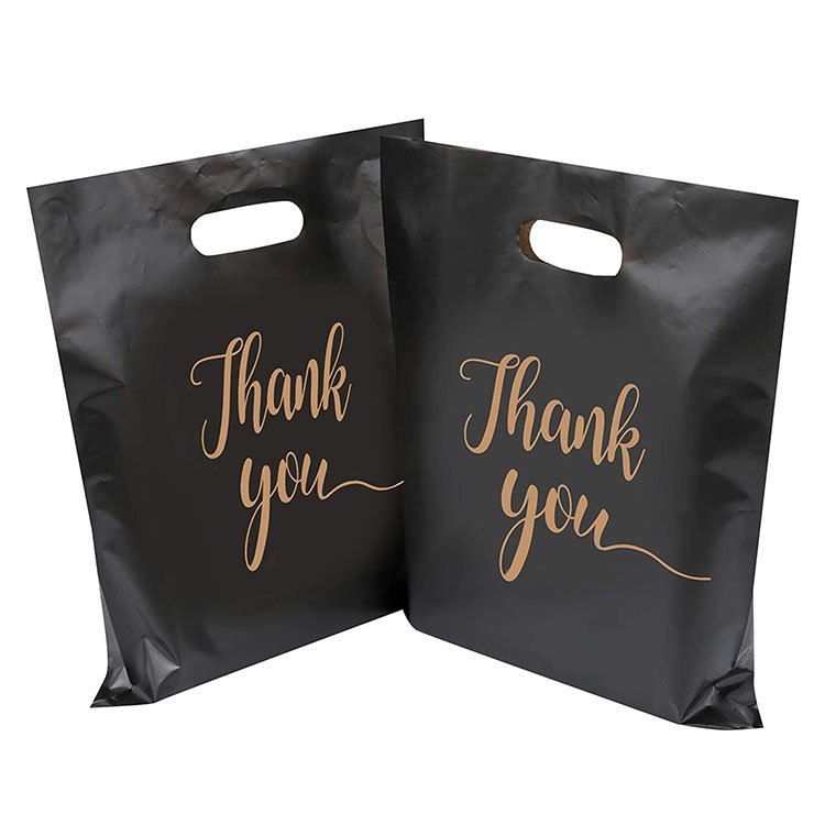Reusable Thank You Merchandise Bags Die Cut Handles 2.36 Mil Gift 12x15" Plastic Shopping Bags