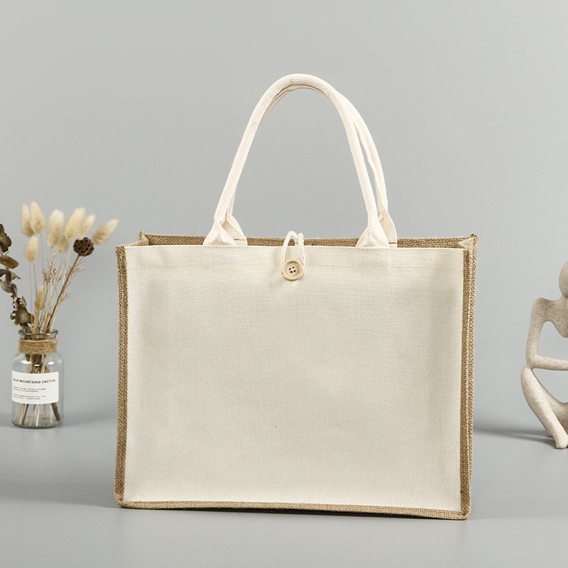 Laminated Jute Tote Bag Hemp Beach Bag Eco-friendly Shopping Bags Canvas with Buttons