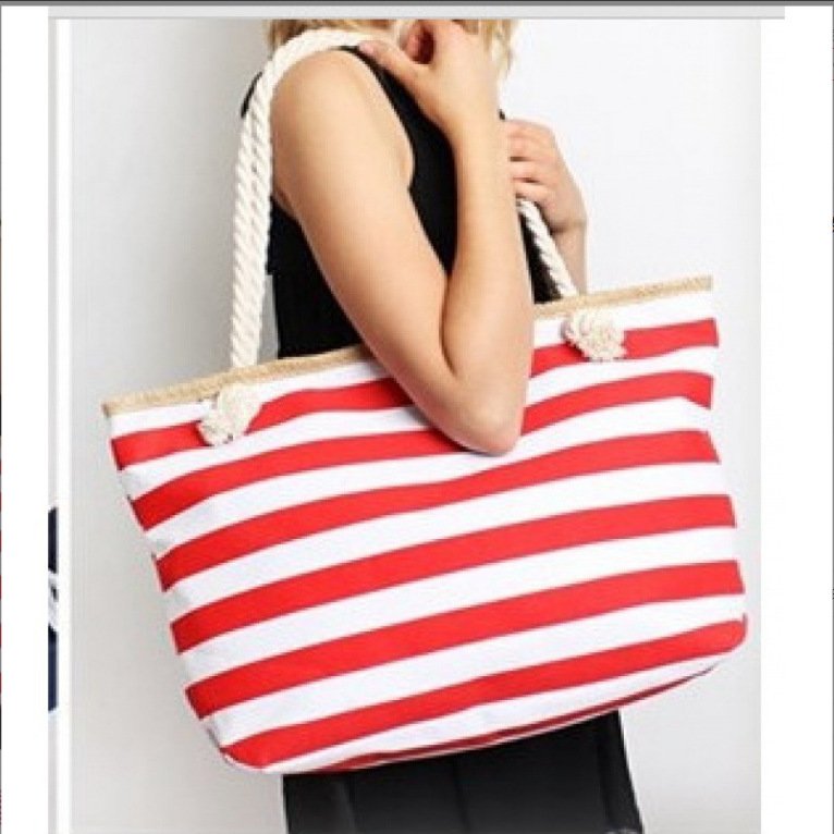 Large Capacity Shopping Bags Stripe Canvas Beach Tote Bag for Women, Waterproof Travel Beach Shoulder Bag with Zipper