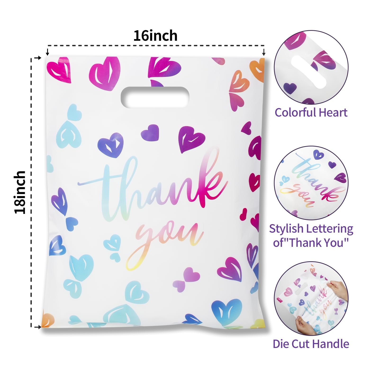 18 x16 inch Ultra-Thick 2.36 mil Durable Colorful Heart Die Cut Plastic Handle Shopping bag Thank You Bag For Party Boutique