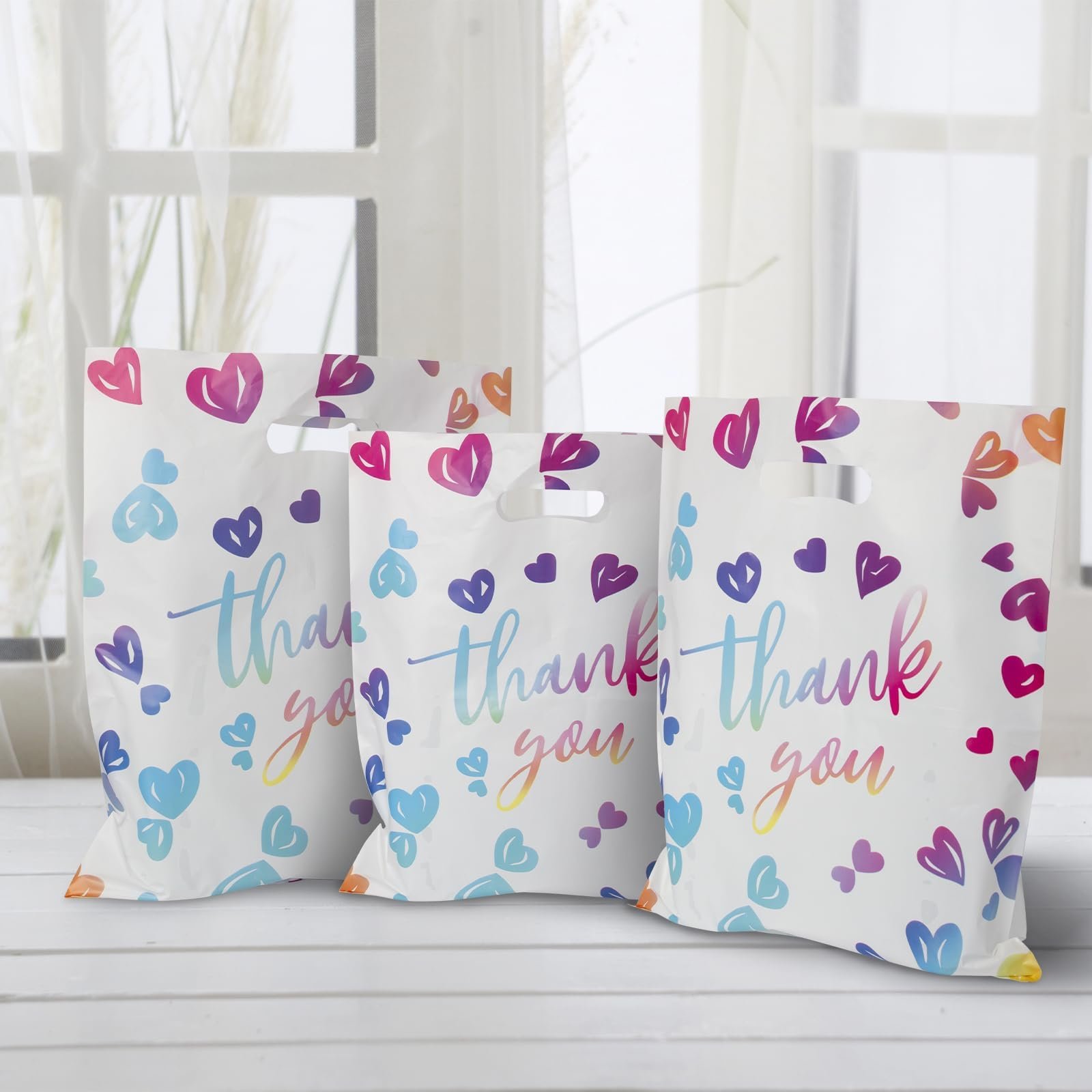 18 x16 inch Ultra-Thick 2.36 mil Durable Colorful Heart Die Cut Plastic Handle Shopping bag Thank You Bag For Party Boutique