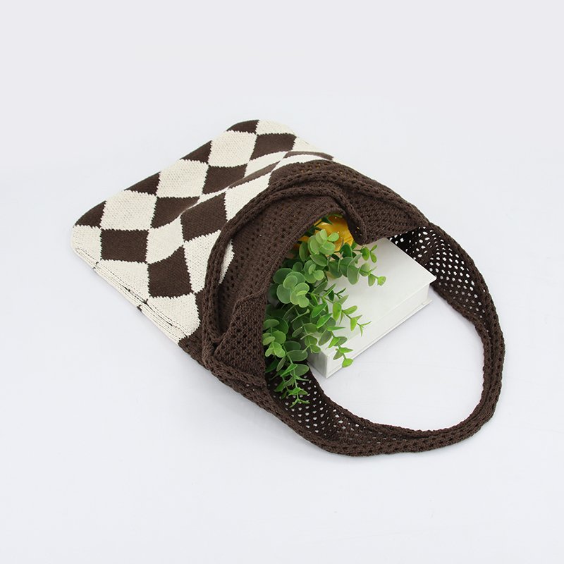 Custom Thick Checkered Fly Knitted Shopping Bag, Crochet Tote Bag for Women