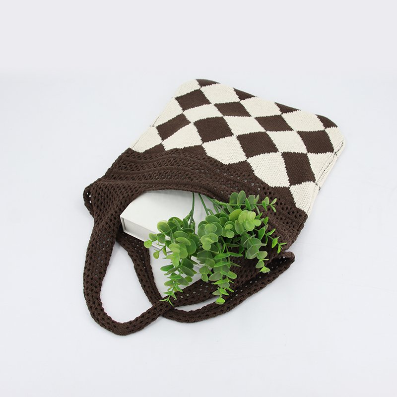 Custom Thick Checkered Fly Knitted Shopping Bag, Crochet Tote Bag for Women