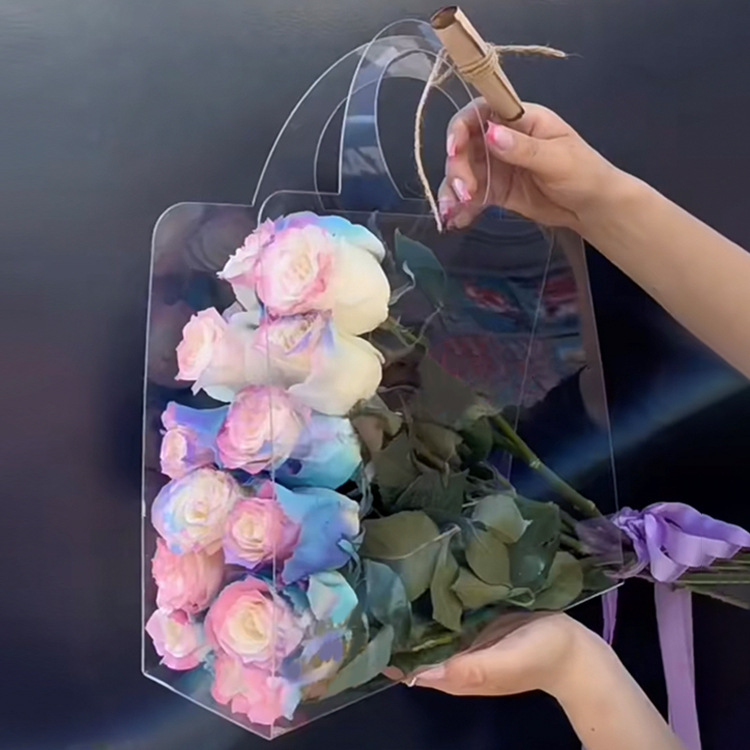 Tiktok Hot Selling 2023 Gift Shopping Bag PVC PET Plastic Bags Transparent Flower Bouquet Packaging Gift Bag with Ribbon