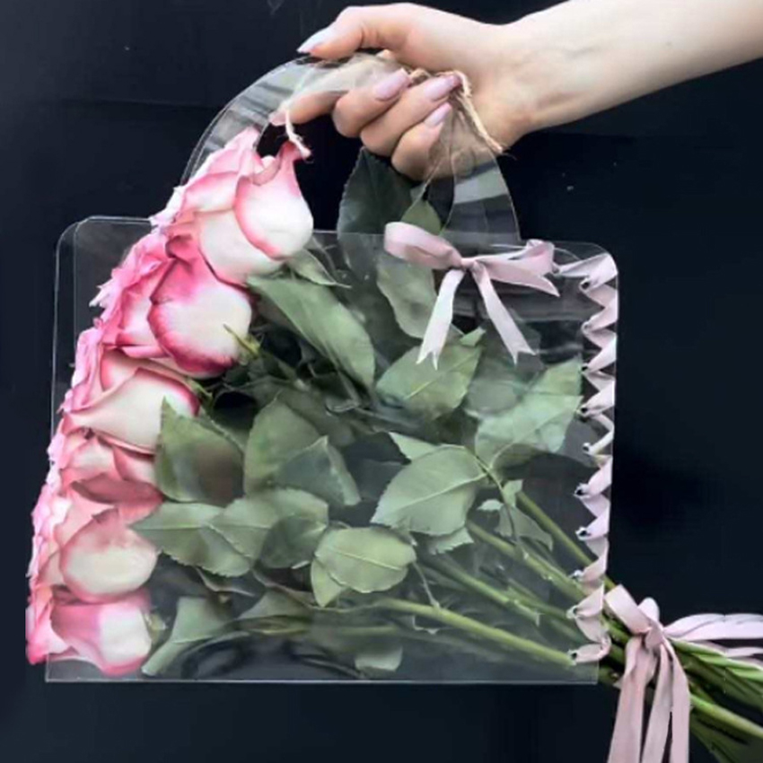 Tiktok Hot Selling 2023 Gift Shopping Bag PVC PET Plastic Bags Transparent Flower Bouquet Packaging Gift Bag with Ribbon