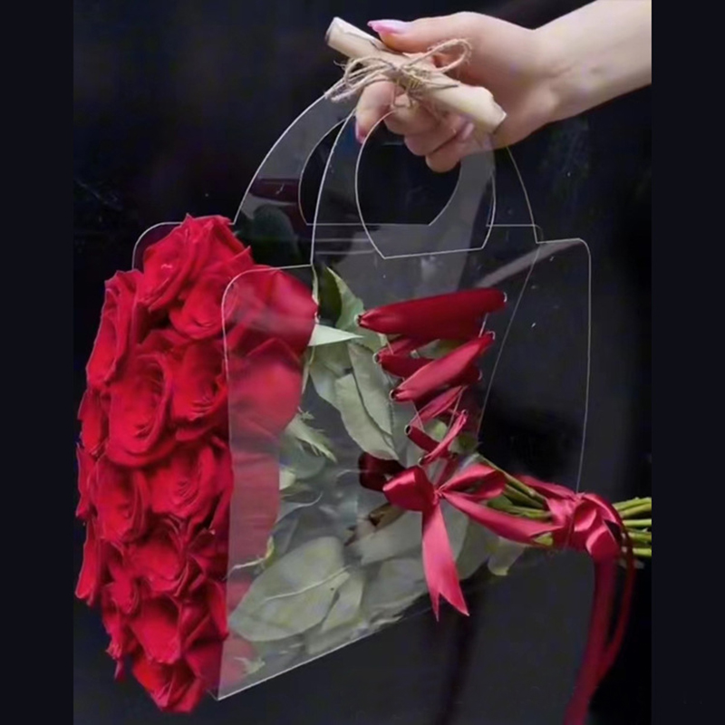Tiktok Hot Selling 2023 Gift Shopping Bag PVC PET Plastic Bags Transparent Flower Bouquet Packaging Gift Bag with Ribbon