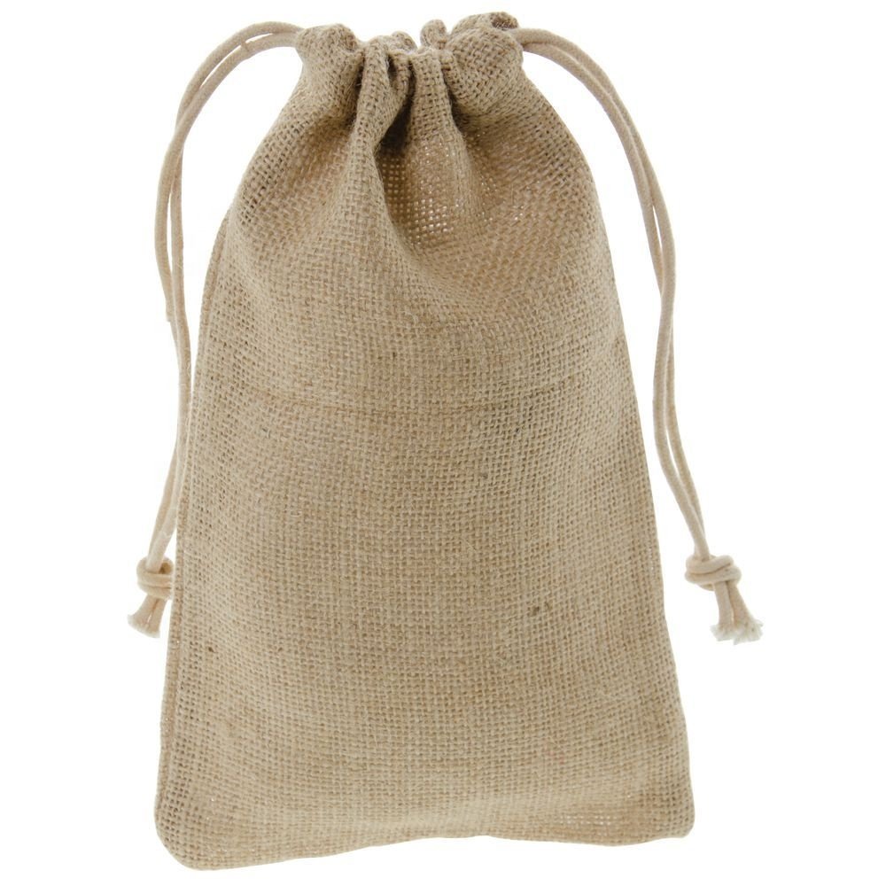 Custom Printed Logo Burlap Hessian Coffee Gift Drawstring Bag Eco Friendly Jute Gunny Pouch Brown String Bag