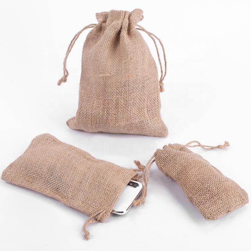 Custom Printed Logo Burlap Hessian Coffee Gift Drawstring Bag Eco Friendly Jute Gunny Pouch Brown String Bag