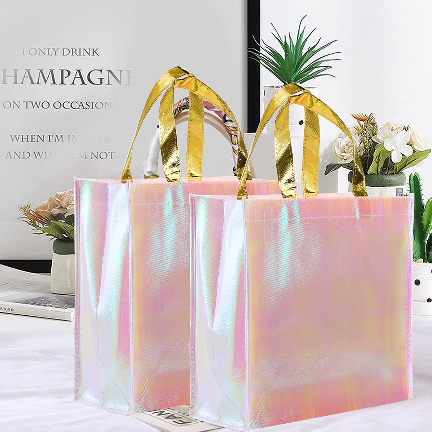 2024 fashion fine pp metallic pink tote bag fabric luxury shopping packaging bag custom logo metallic non woven bag