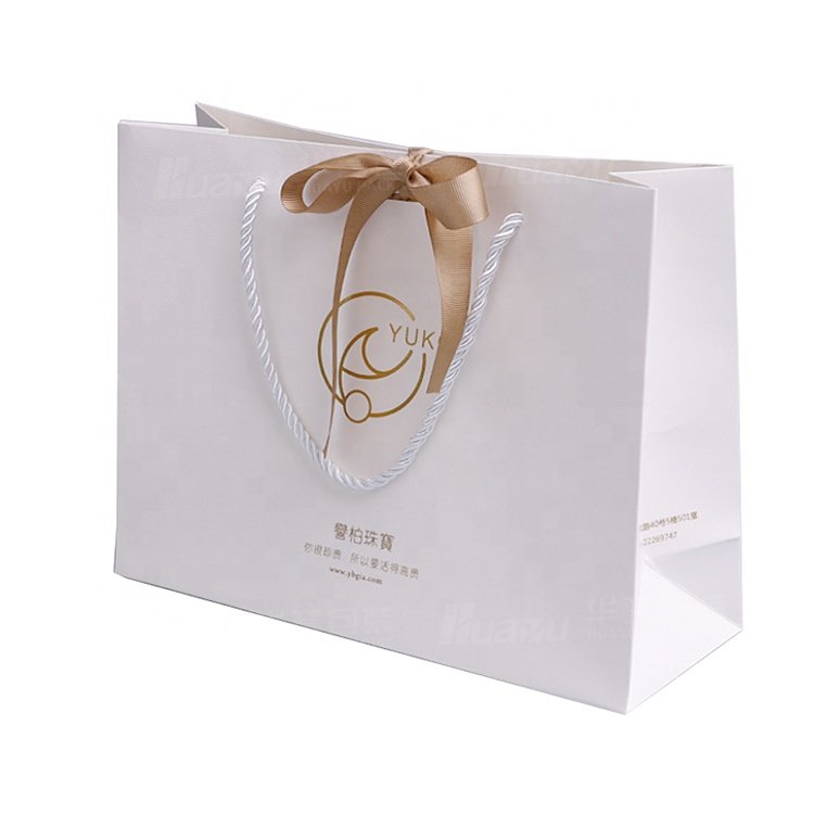 Custom Glossy Laminated White Fashion Paper Shopping Bag with Bow Tie Ribbon