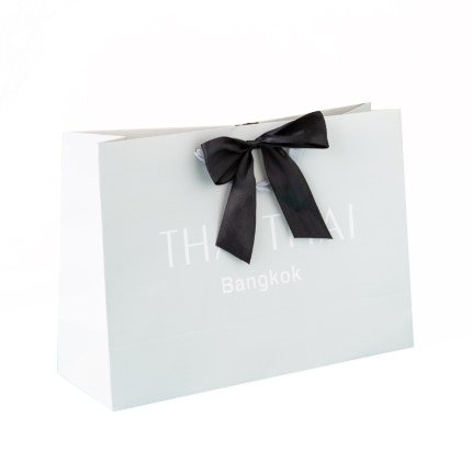 Custom Glossy Laminated White Fashion Paper Shopping Bag with Bow Tie Ribbon
